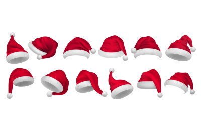 Christmas hat. Santa Claus Xmas decorative elements different angles,