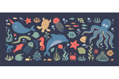 Sea animals. Doodle ocean underwater inhabitants. Colorful fish and do