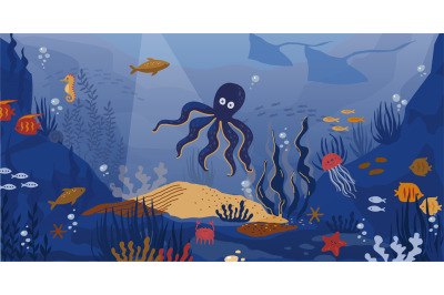 Ocean underwater. Cartoon sea animals and seaweeds. Undersea landscape