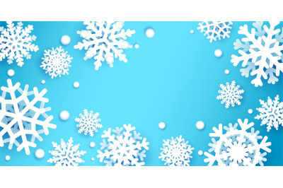 Paper cut snowflakes background. Winter holiday wallpaper with origami