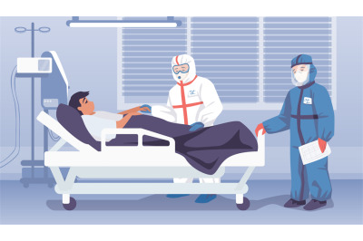 Doctors in hospital. Medical workers in personal protective suits. Pat