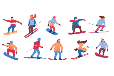 Skier and snowboarder. Cartoon people in winter clothing doing winter