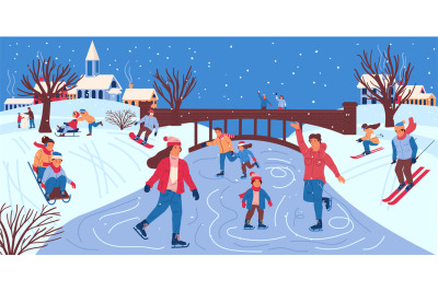 People in winter park. Men and women skating on ice of frozen river. C