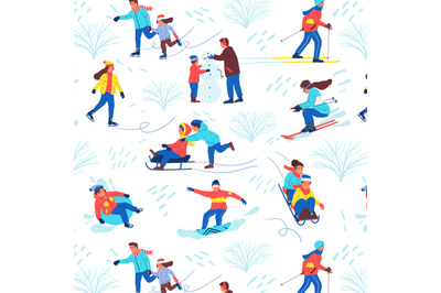 Winter park pattern. Seamless texture of cartoon people playing sport