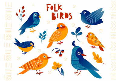 Folk birds. Doodle minimalist animals and leaves or berries. Poster wi