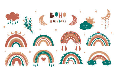 Boho rainbow. Minimalist banner in childish style with crescents or su