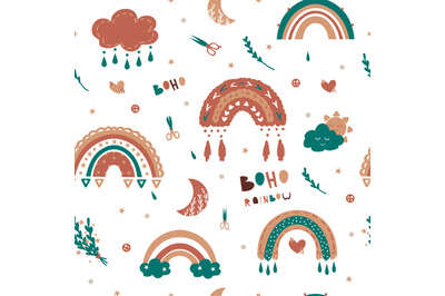 Kids rainbow pattern. Seamless baby illustration with cute clouds sun