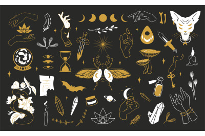 Magic boho. Alchemy doodle logo, esoteric symbols. Prediction future a