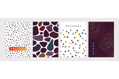 Notebook cover. Abstract shapes and repeated dots or curved lines. Min