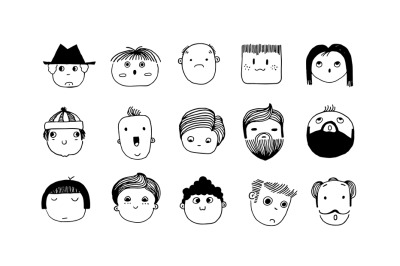 Minimal doodle avatars. Hand drawn human faces. Outline young or adult