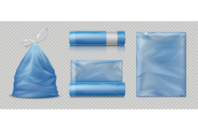 Realistic trash bags. 3D packages for waste, full and empty polyethyle