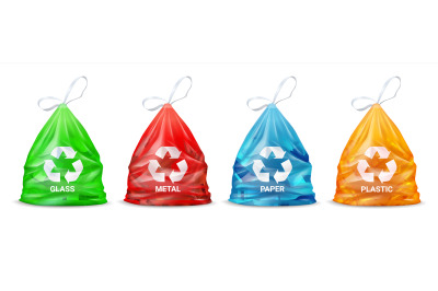 Garbage sorting bags. Realistic packages for glass and paper, metal an