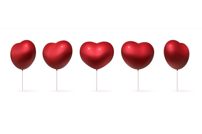 Realistic balloons. 3D red heart shaped. Holiday presents for valentin