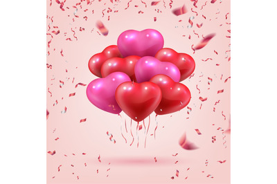 Flying heart shaped balloons. Realistic 3D bouquet for Valentine or mo