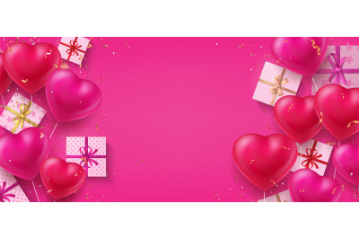 Holiday background. Realistic heart shaped balloons and presents on bi