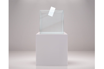 Realistic vote box. Election paper ballot, 3D transparent container on