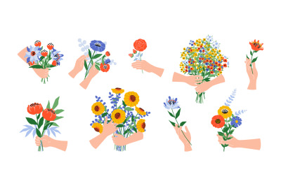 Hands with flowers. Cartoon blooming bouquets. Arms hold garden or fie