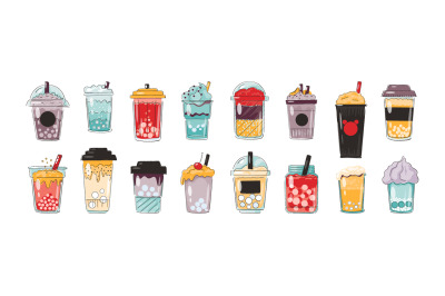 Doodle bubble drink. Beverages in plastic cups and glass jars with str