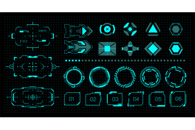 HUD kit. Futuristic virtual game UI. Neon buttons and frames. Digital