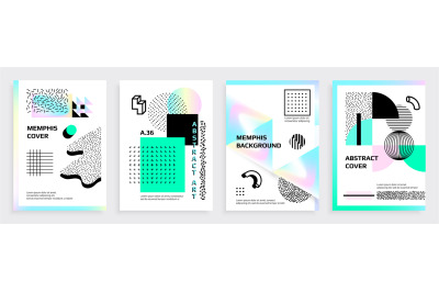 Memphis posters. Abstract banners with geometric symbols, dots and squ