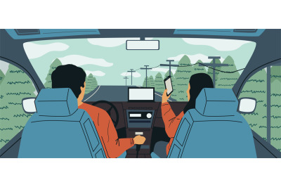 Cartoon car interior. Couple driving during vacation trip. View from b