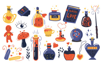 Love potion. Doodle magical elixir. Bottles with alchemical beverages.