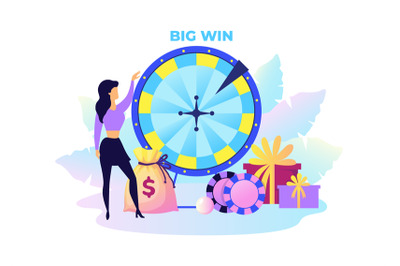 Fortune wheel. Woman with presents and money. Big win in lottery conce