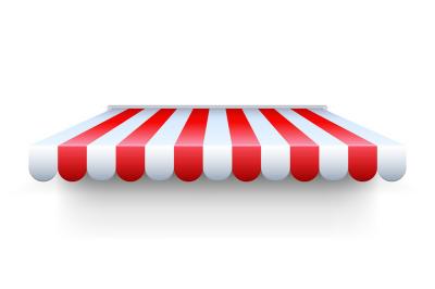 Stripe awning. Realistic red and white cafe tent. Canopy for protectio