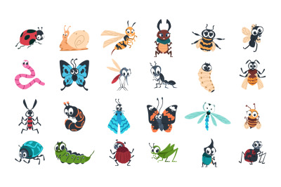 Cartoon funny insects. Colorful cute bugs characters set with smiling