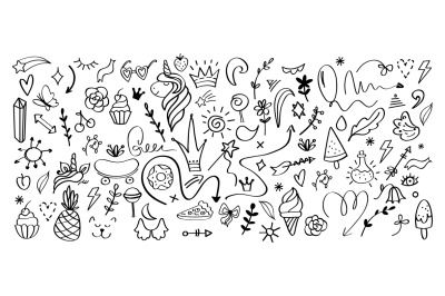 Doodle hand drawn elements. Cartoon abstract pencil sketch. Isolated o