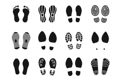 Footsteps sign. Contour footprints. Collection of prints of shoes or b