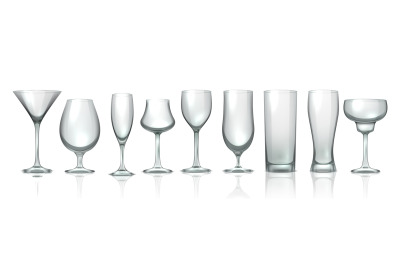 Glass cups. Realistic empty stemware. Transparent glassware for beer a