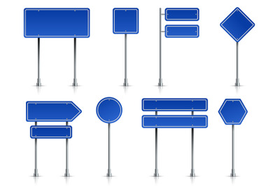 Road icons. Realistic blue street signposts with white frame on metal