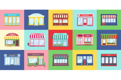 Shop buildings. Cartoon store facades. Flat colorful cards with pharma