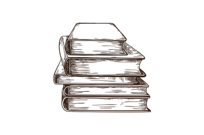 Hand drawn book. Stack of retro textbooks. Hardcover publications. Out