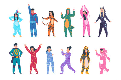 People in pajamas. Cartoon men and women wear cozy clothes for sleepin