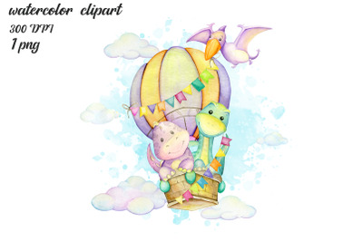 watercolor dinosaur. baby dino clipart. hot air balloon toys. children