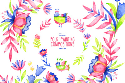 Watercolor spring folk png compositions
