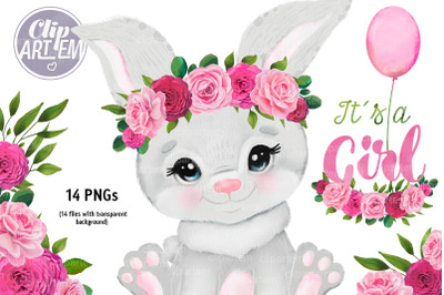 Sweet Girl Bunny Pink Floral Crown watercolor bundle 14 PNG images