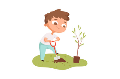 Boy planting tree. Toddler digging hole, cartoon baby plant growing an