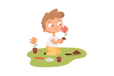 Flowers planting. Boy caring plants in garden. Cute cartoon baby repla