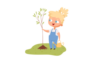 Girl planted tree. Joyful baby with cuttings of plant, gardening and p