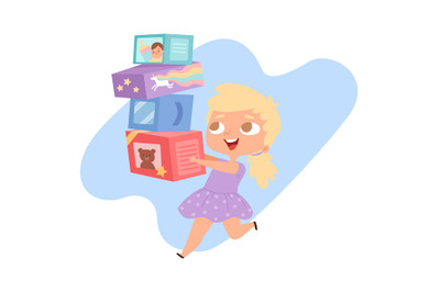 Girl with toys. Happy cartoon baby and boxes, birthday gifts or kid st