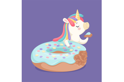 I like donuts. Yummy glazed cake and cartoon unicorn eating slice. Bak