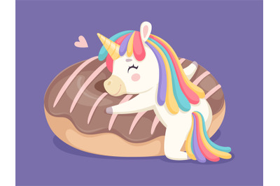 Sweet love. Cartoon unicorn hugging donut with chocolate glaze. Happy