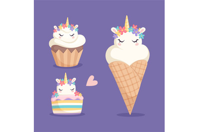 Unicorn sweets. Ice cream&2C; cupcake and color rainbow cake with cartoon