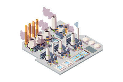 Power nuclear factory. Energy plant isometric environment 3d industria