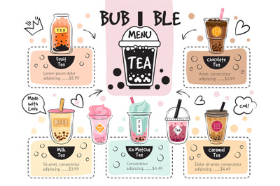 Bubble tea menu. Caffe delicious drinks recent vector restaurant menu