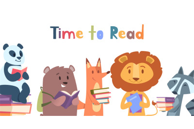 Reading animals. Wild animal with books, lion fox bear panda read vect