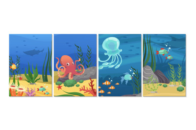 Sealife cards. Ocean animals, fish octopus banners. Underwater world v